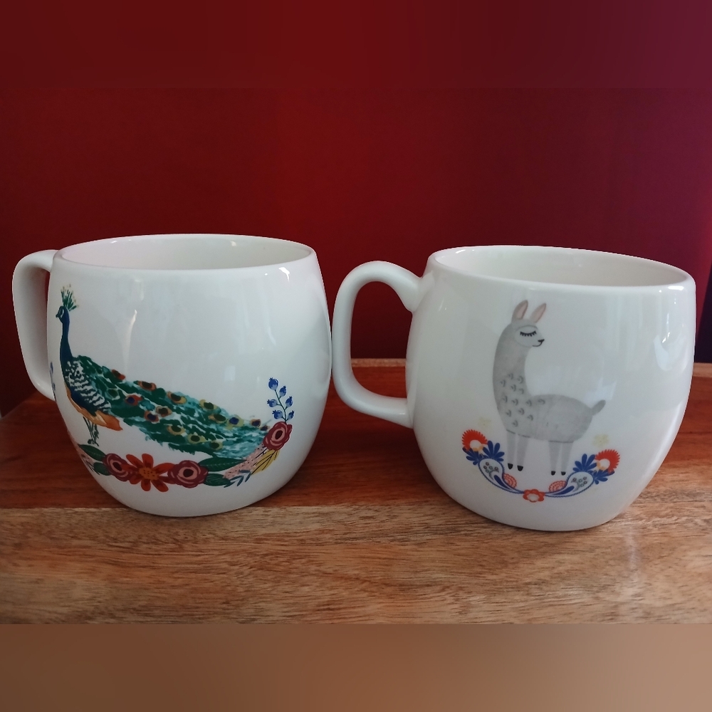 Set Of 2 Target Opal House Peacock Llama Ceramic Mugs